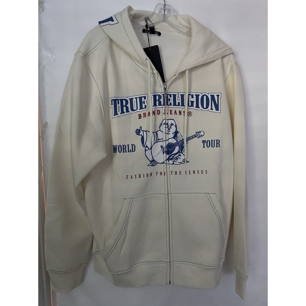 True Religion Men’s World Tour Zip Up Hoodie Large Winter White Buddha Logo XL